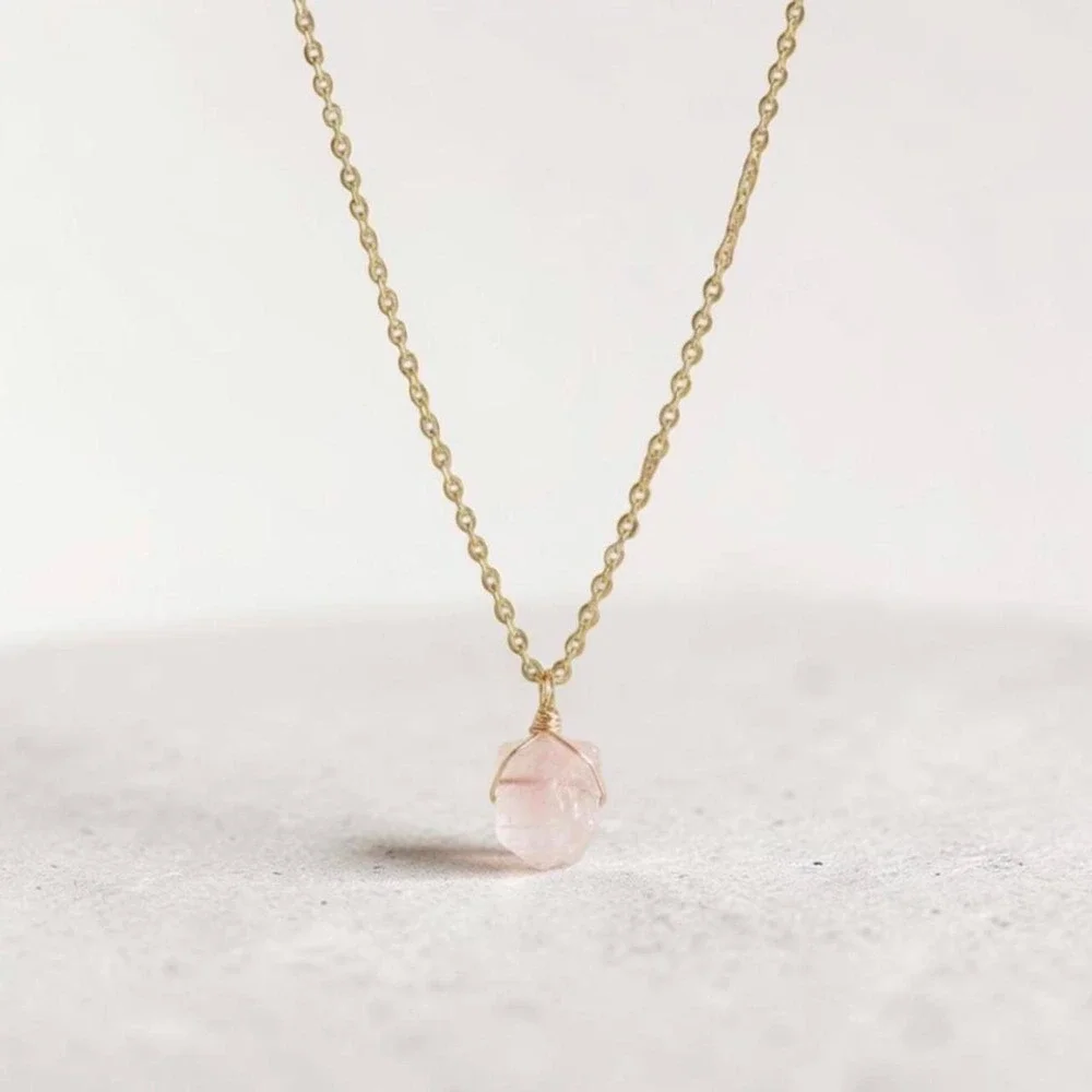 Beautiful Handmade Rose Quartz Crystal Pendant  With Gold Plated Stainless Chain